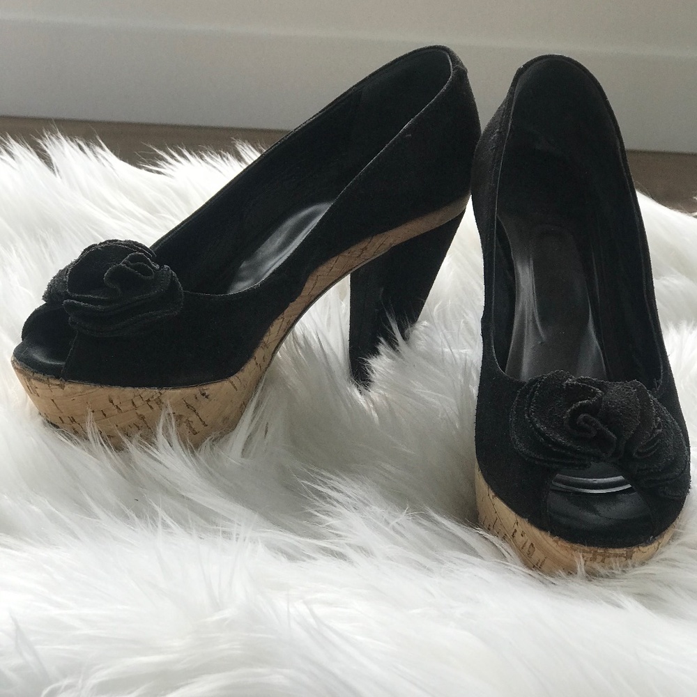 Platform Peeptoe Black Suede Shoes